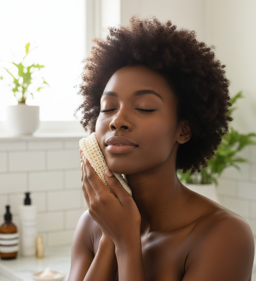 Black model using exfoliating sponge