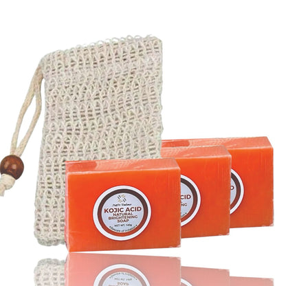 Kojic Brightening Soap (140grams) x3, and Exfoliating with Drawstring for Bathing