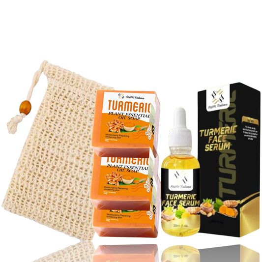Organic Turmeric Soap Bar (100grams) x3, Turmeric Face Serum (30ml) and and Exfoliation Bag