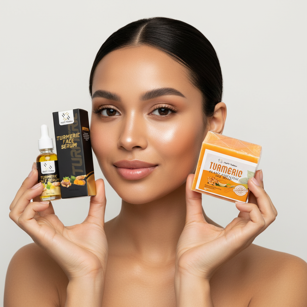 Turmeric Serum and Soap Professional Product Photo with Model