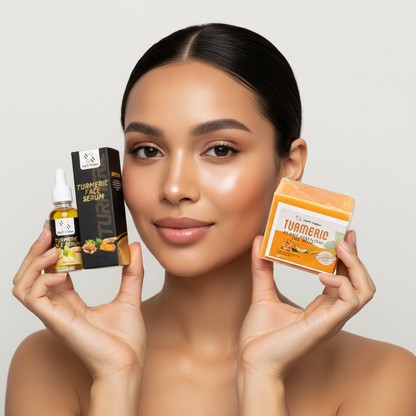 Turmeric Serum and Soap Professional Product Photo with Model